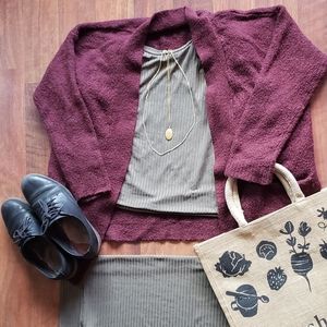 Fuzzy Burgundy Knit Sweater Cardigan